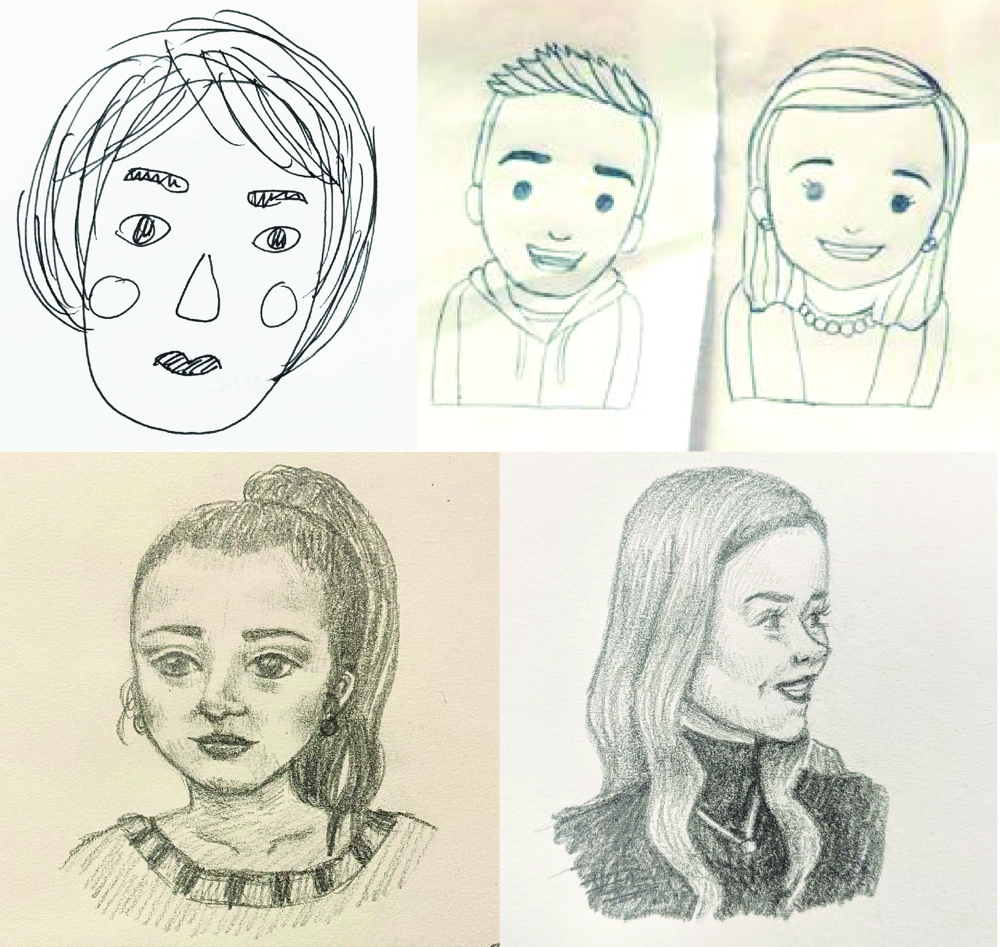Different levels of drawings of human portraitures.